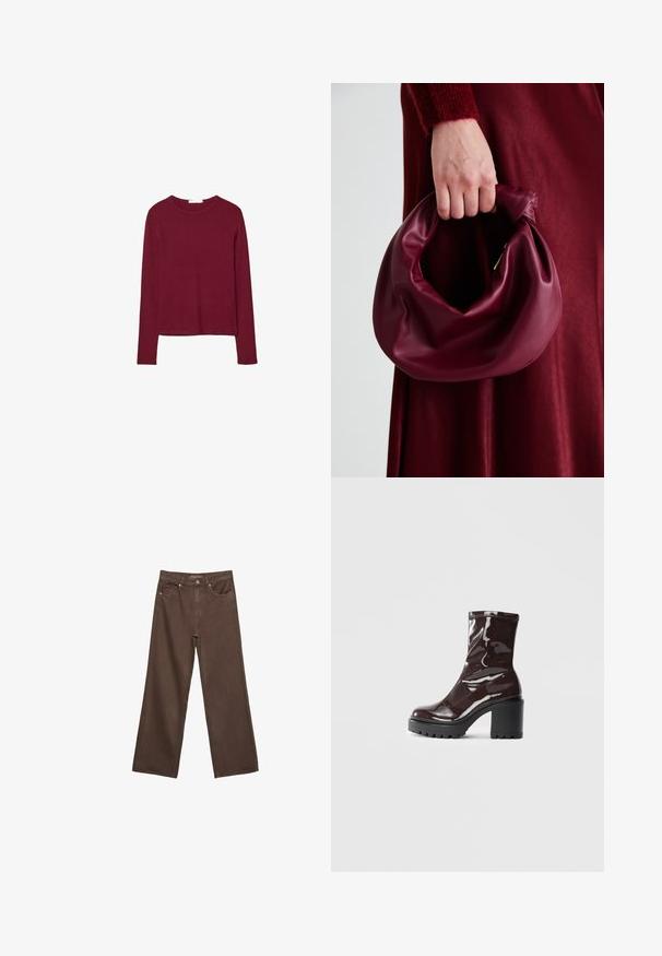 Bordeaux lange mouwen top met een ronde hals, gemaakt van een zachte stof. Heeft een aansluitend ontwerp en een rechte zoom. Geen patronen of accenten zichtbaar.; Brede bruine spijkerbroek van denim, met een hoge taille, voorzakken en een klassieke knoopsluiting. Soepele textuur met subtiele stiksels.; Glanzende bordeauxrode enkelboot met een chunky zwarte hak, met een gladde textuur en een eenvoudig ontwerp. Geen zichtbare sluitingen of patronen.; Bordeaux leren handtas met een zacht, gegathered ontwerp en een ronde vorm. De handgreep is stevig bevestigd en toont een gladde textuur.