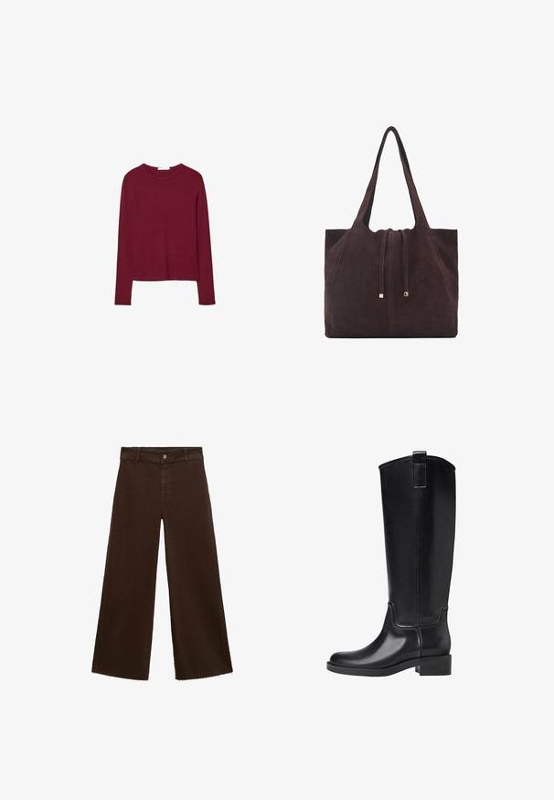 Bordová blúzka s dlhým rukávom a okrúhlym výstrihom, vyrobená z mäkkého materiálu. Má priliehavý strih a rovný spodný lem. Žiadne vzory ani akcenty nie sú viditeľné.; Hnedé široké nohavice z bavlnenej zmesi, s roztrhnutým lemom, predným zapínaním na gombík a klasickým dizajnom s piatimi vreckami. Minimalistické a všestranné.; Čierne čižmy po kolená vyrobené z hladkého syntetického materiálu. Majú zaoblenú špičku, nízky blokový podpätok a vertikálne švy.; Mango Veľká kabelka - dark brown