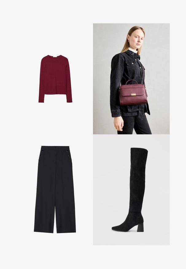 Burgundowa bluzka z długim rękawem i okrągłym dekoltem, wykonana z miękkiego materiału. Posiada dopasowany krój i prosty dół. Brak widocznych wzorów lub akcentów.; Spodnie o szerokich nogawkach w ciemnonawowej tkaninie, charakteryzujące się gładką teksturą, plisami z przodu oraz dekoracyjnymi oczkami w kolorze złotym na kieszeniach bocznych.; Czarne zamszowe botki do kolan na kwadratowym obcasie, z wydłużonym noskiem i gładkim, bezszwowym wzorem na jednolitym jasnym tle.; Bordowa skórzana torebka z złotym zapięciem, o wyraźnie zarysowanym kształcie, z górną rączką i regulowanym paskiem na ramię. Modelka ma na sobie dżinsową kurtkę.