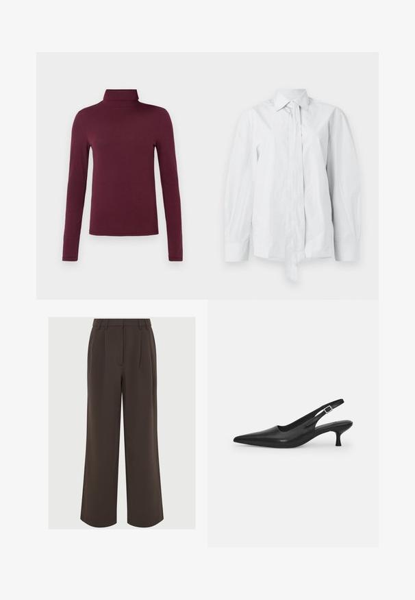 Bordó hosszú ujjú garbó puha, könnyű anyagból, testhez simuló fazonban, minták és látható díszítések nélkül.; Fehér, hosszú ujjú ing klasszikus gallérral és megnyúlt elülső nyakkendővel. Simaságot biztosító anyagból készült, laza fazonú, mintázat nélkül.; Barna, bővülő lábfejű nadrág sima anyagból. Elől pliszékkel és egy testreszabható derékkal rendelkezik, övhurkokkal az állításhoz.; Fekete bőr szandálcipő hegyes orral és karcsú, ívelt sarokkal. Diszkrét, állítható pánttal rendelkezik, fém csattal.
