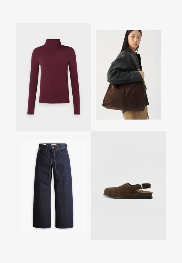 Burgundy long-sleeve turtleneck shirt made from a soft, lightweight fabric with a fitted design and no patterns or visible hardware.; Wide-leg dark blue denim jeans with a high waist, featuring a drawstring tie, five pockets, and contrasting stitching details.; Brown suede slip-on shoe with a low heel, an adjustable strap with a silver buckle, and a black rubber sole.; Brown suede tote bag with a wide shape and soft texture, featuring a single strap and minimal hardware against a neutral backdrop.