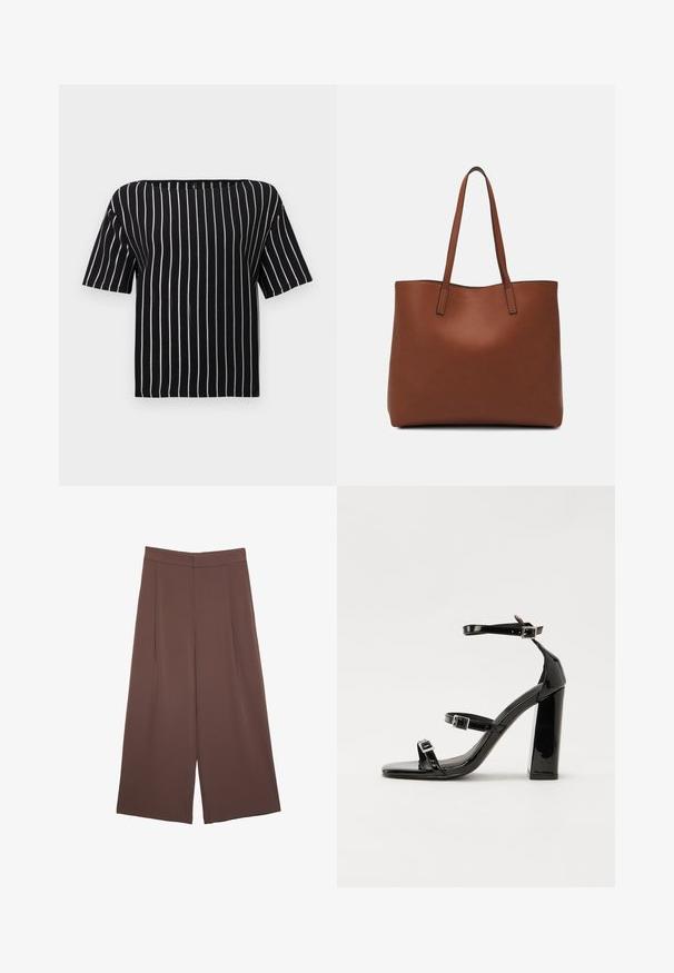 Lyhyet hihat, musta-valkoinen raidallinen paita, jossa nelikulmainen pääntie ja rento, väljä istuvuus. Valmistettu teksturoidusta kankaasta.; Ruskeat leveälahkeiset housut, joissa on sileä pinta, korkea vyötärö ja etupleat. Kangas on kevyttä ja laskeutuu väljänä.; Musta kiiltävä korkokenkä sandaalit neliönmuotoisella varpaalla, nilkkaremmillä ja hopeisilla soljilla. Varustettu tukevalla lohkokorkealla vakauden takaamiseksi.; Ruskea nahkainen olkalaukku, jossa on sileä pinta, avoin yläosa ja kaksi olkahihnaa. Omaavat vain minimaalisen ompelun eikä näkyvää metalliosaa.