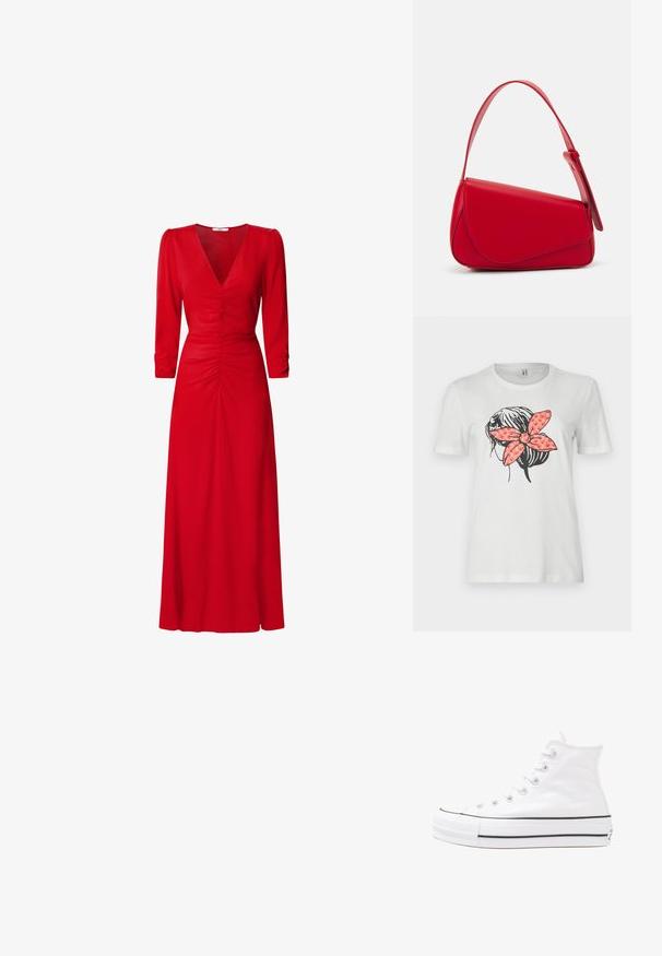 Camiseta blanca con un contorno negro de un peinado y un gran lazo rojo con estampado en la parte posterior. Mangas cortas y cuello redondo.; Vestido rojo con escote en V, mangas tres cuartos y detalles fruncidos en la cintura y la espalda. La tela parece suave y ligera.; Zapatilla de lona alta blanca con suela de goma negra, puntera de goma frontal y seis ojetes para los cordones, que presenta un diseño limpio y minimalista.; Bolso de cuero rojo con un diseño angular y geométrico. Cuenta con una única correa ajustable y un cierre de solapa con detalles de costura.