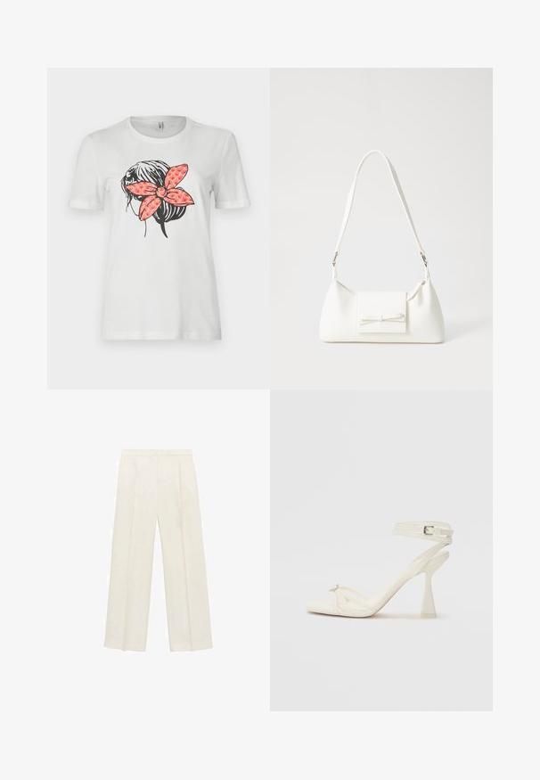 Weißes T-Shirt mit einer schwarzen Umrisszeichnung einer Frisur und einer großen roten, gemusterten Schleife auf der Rückseite. Kurzarm und Rundhalsausschnitt.; Weit geschnittene Hosen in einem hellen cremefarbenen Farbton. Hergestellt aus einem glatten Stoff mit Falten an der Vorderseite und seitlichen Taschen.; Sandaletten aus weißem Leder mit hohen Absätzen, schlankem Design, transparentem Blockabsatz und einem dekorativen Element an der Zehe.; Weiße synthetische Handtasche in dreieckiger Form, flache Vorderklappe und Schleifendetail, verstellbarer Trageriemen, glatte Textur und minimalistisches Design.