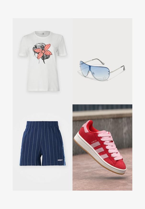 Hvit t-skjorte med svart omriss av en frisyre og en stor rød mønstrete sløyfe bak. Korte ermer og rund hals.; Mørkeblå shorts med hvite striper, elastisk midje og Adidas-logo. Har blå detaljer på sidene, laget av en bomullsblanding.; Røde semskede joggesko med rosa detaljer, med tre hvite striper og lyserosa snører. Hvit såle og gummisåle.; Pilotbriller med gradient blå linse, sølvfarget metallramme og dekorative stjerneaksenter på linsen. Glatt og stilren design.