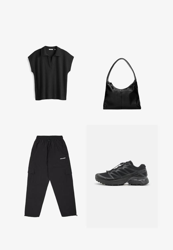 Polo nero a maniche corte realizzato in tessuto testurizzato, dotato di colletto e scollatura a V, progettato con una vestibilità morbida.; Pegador YURI TRACKSUIT PANTS - Pantaloni sportivi - black; Scarpa da corsa nera con tomaia in mesh e sintetico, suola flessibile e lacci elastici. Presenta una soletta imbottita per il comfort.; Borsa a spalla in pelle nera con una texture liscia, una parte superiore curva e una sola tracolla. Presenta una chiusura con zip e un design minimalista.