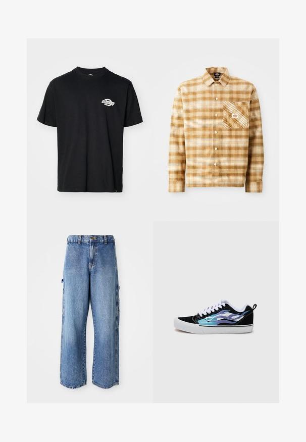 Camiseta de algodón negra con mangas cortas, cuello redondo y un pequeño logo blanco en el lado izquierdo del pecho, con un dobladillo recto.; Camisa de manga larga a cuadros marrón y crema, confeccionada con un tejido texturizado, con un bolsillo en el pecho y cierre de botones, que presenta una etiqueta en el bolsillo.; Pantalones cargo de denim azul claro con un corte de pierna ancha, que presentan bolsillos laterales, una textura desgastada y un dobladillo ligeramente deshilachado.; Zapatillas de ante negro con suela de goma blanca. Presentan diseños de llamas iridiscentes en azul y púrpura. Cuentan con cordones blancos y una lengüeta trasera.