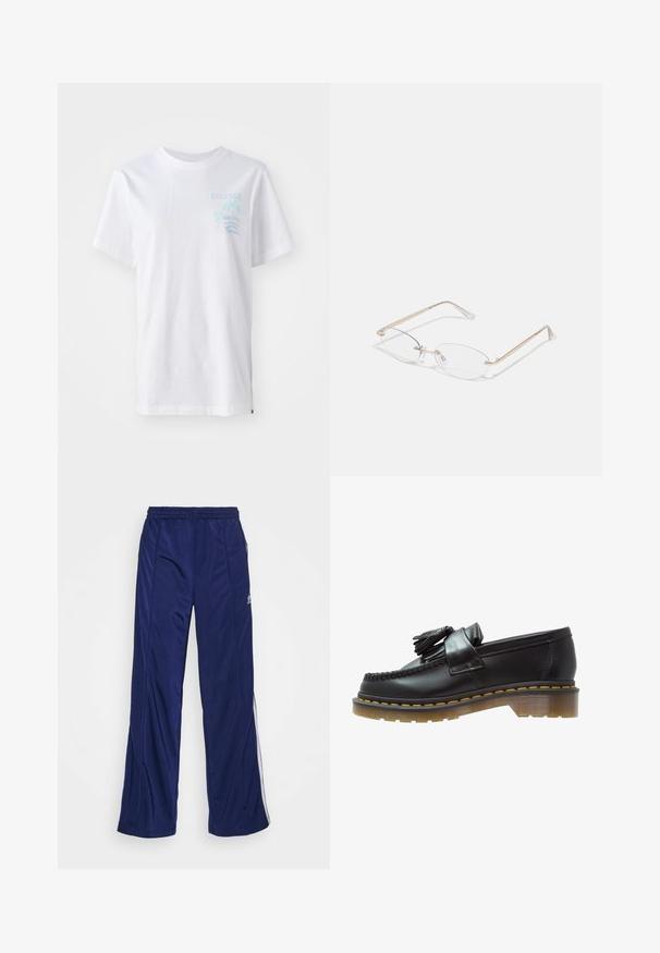 White cotton t-shirt with short sleeves, featuring a light blue graphic of a palm tree and waves on the left chest area.; Navy athletic pants with an elastic waistband, straight legs, and side zippers. Features white piping along the sides. Smooth fabric texture.; Black leather loafers with a textured finish, featuring a decorative tassel and contrasting yellow stitching, on a chunky, transparent sole.; Gold metal eyeglasses with oval lenses, slim arms, and clear nose pads. Features subtle hinge accents and transparent lenses.