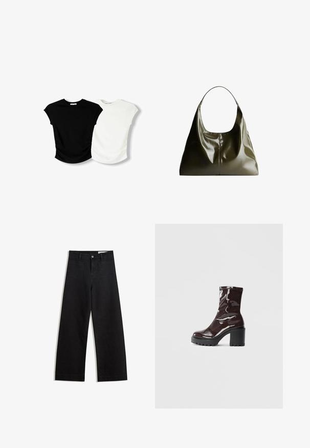 Două bluze cu mânecă scurtă: una neagră și una albă. Ambele au un design ajustat cu detalii pliate pe laterale și hemuri rotunjite.; Pantaloni din denim negri cu picioare largi, cu talie înaltă, având buzunare frontale și posterioare, cusături dublate și închidere cu nasture. Textură netedă.; Botine lucioase burgundy, cu toc gros negru, având o textură netedă și un design simplu. Fără închideri sau modele vizibile.; Geantă de umăr din piele de culoare verde măslinie, cu un finisaj neted și lucios. Prezintă un vârf rotunjit și o formă moale, plisată. Design minimalist.