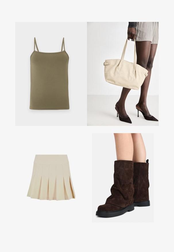 Olivu zaļa šūnveida blūze, izgatavota no gludas auduma, ar plānām regulējamām plecu siksnām un pieguļošu dizainu. Bez rakstiem vai akcentiem.; Bežs plīsums svārki ar pieguļošu jostu, izgatavoti no gludas auduma. Iespējas ietver vairākas vertikālas plīsuma līnijas un taisnu apakšmalu.; Brūni zamšādas puszābaki līdz teļiem ar melnām gumijas zālēm uz atklātām kājām, ar vieglu krokām uz zābaku kājām.; Bežs tote soma ar gludu ādas apdari, strukturētu formu, divām rokturiem un sānu sprādžu detaļām. Apvienota ar elegantiem melniem papēžiem.; Krēma krāsas pildīta galvassega ar uztinuma dizainu, apvienota ar bēša un baltā svītrainā krekla ar apaļu izgriezumu. Smalkas rotaslietas akcenti.