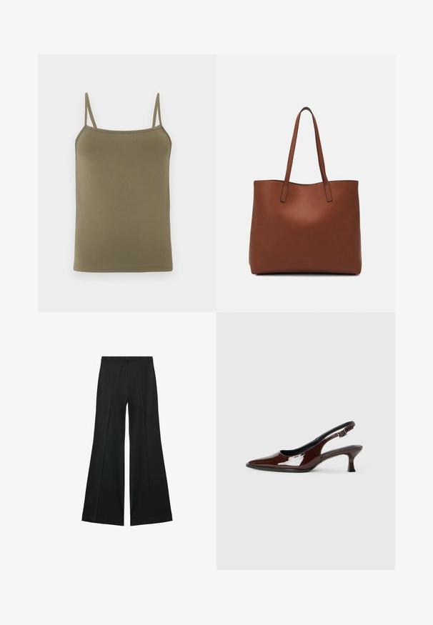 Olive green camisole, made from smooth fabric, featuring thin adjustable shoulder straps and a fitted design. No patterns or accents.; Black wide-leg pants with a smooth texture, featuring front pleats and a tailored design. The fabric is lightweight and flowy.; Brown patent leather slingback shoe with a pointed toe and a moderate heel. Features a buckle strap for secure fit. Smooth texture.; Brown leather tote bag with a smooth texture, open top design, and two shoulder straps. Features minimal stitching and no visible hardware.
