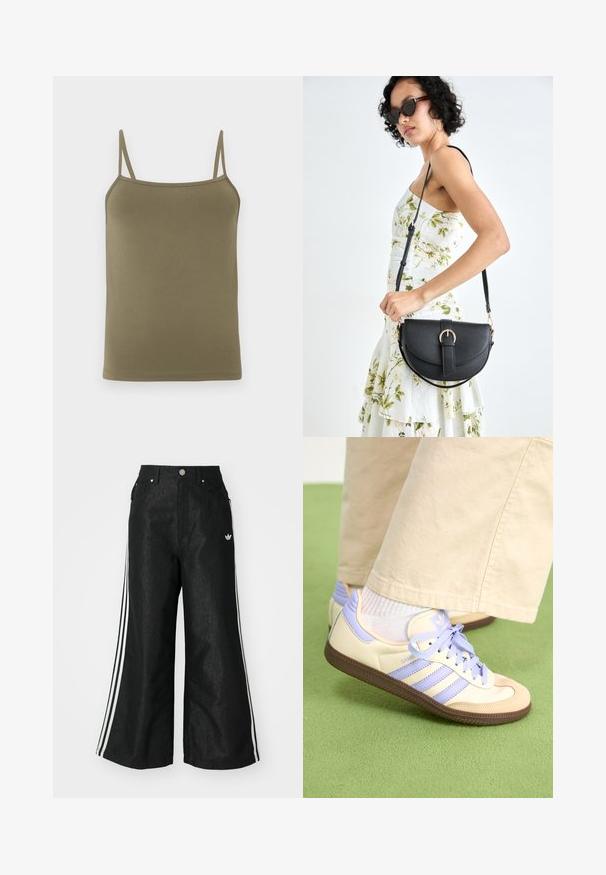 Maslinasto zeleni top bez rukava, izrađen od glatkog materijala, s tankim podešavnim naramenicama i prilagođenim krojem. Bez uzoraka ili dodataka.; Crne široke traper hlače s tri bijele pruge sa svake strane i malim bijelim logom. Ima prednje džepove i preklop s gumbom.; Kremasto-ljubičaste tenisice s tri pruge i strukturiranim smeškim potplatom, s vezicama i podstavljenim petom. Mekana gornja tkanina.; Crna kožna torba s lukovitim oblikom, odvojivim remenom i zlatnim detaljima. Torba ima preklop s kopčom.