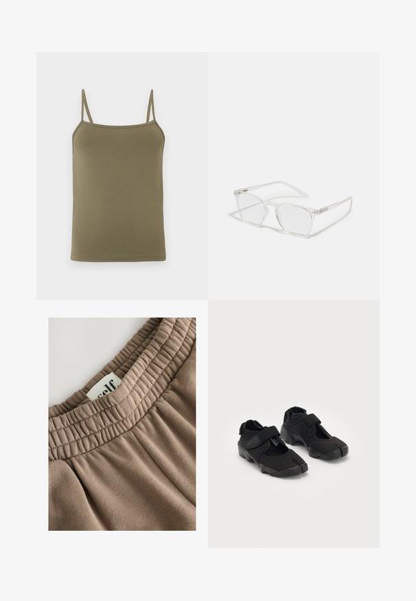 Olive rohelise värvi kaelus, valmistatud siledast kangast, millel on õhukesed reguleeritavad õlapaelad ja tihe disain. Ilma mustrite või aksessuaarideta.; Pruun elastne vöökoht kokku pandud tekstuuriga, kinnitatud silt tekstiga "self" ning pehme kangas, millel on sile pind ja neutraalne toon.; Mustad mustad veega tehtud mustad veeketsid, millel on paindlik kangas, Velcro rihm ning ainulaadne jagatud sõrmikute disain ja tekstureeritud kummist tald, mis tagab haarduvuse.; CHPO ZEBBE UNISEX - Sinise valguse prillid - transperent; DRAGON DIFFUSION ROSANNA - Käekott - dark brown