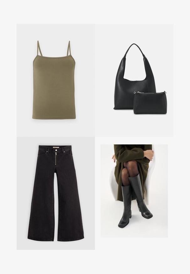 Olive green camisole, made from smooth fabric, featuring thin adjustable shoulder straps and a fitted design. No patterns or accents.; Wide-leg jeans in black denim with a zippered front, five-pocket design, and subtle stitching details. Smooth texture and casual style.; Knee-high black leather boots with a squared toe and block heel, shown with a model seated in an olive green coat. Smooth texture, minimal detailing.; Even&Odd SET - Handbag - black
