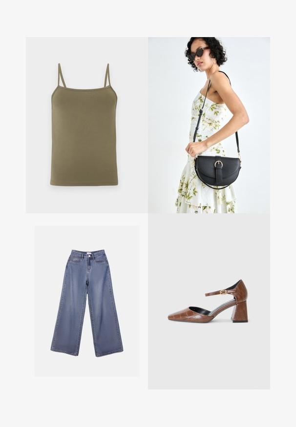 Olive green camisole, made from smooth fabric, featuring thin adjustable shoulder straps and a fitted design. No patterns or accents.; Wide-leg denim jeans in a light blue wash, featuring a high waist, front pockets, and a button closure with belt loops.; Brown patent leather pump with a square toe, textured croc pattern, ankle strap with gold buckle, and a chunky heel.; Black leather handbag with a curved shape, detachable strap, and gold hardware. The bag features a flap with a buckle detail.