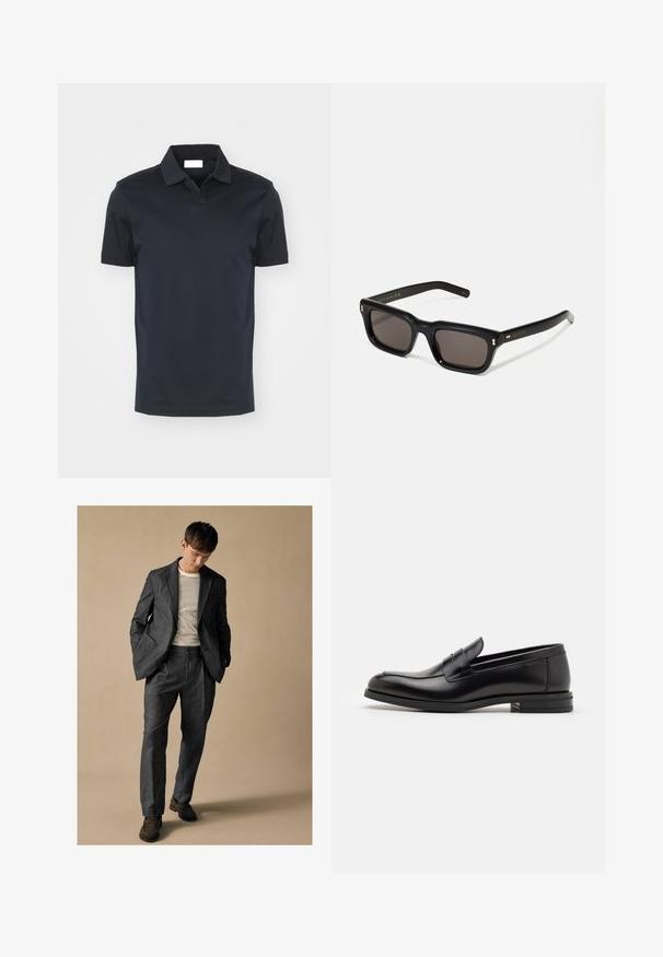 Granatowa koszulka polo z klasycznym kołnierzykiem i krótkimi rękawami, wykonana z gładkiego materiału. Posiada prosty dół i brak widocznych wzorów.; Szary dobrze dopasowany garnitur z klapami w kształcie notcha i przednimi kieszeniami, zestawiony z koszulą w paski. Spodnie mają luźny krój i detal w postaci zakładki. Brązowe buty.; Czarne skórzane mokasyny o gładkiej fakturze, zaokrąglonym nosku i dekoracyjnym pasku na przodzie. Niski, warstwowy obcas, minimalistyczny design.; Czarne prostokątne okulary przeciwsłoneczne z ciemnymi soczewkami, grubą plastikową oprawą, złotymi akcentami na zausznikach oraz wygrawerowanym logo marki na ramieniu.