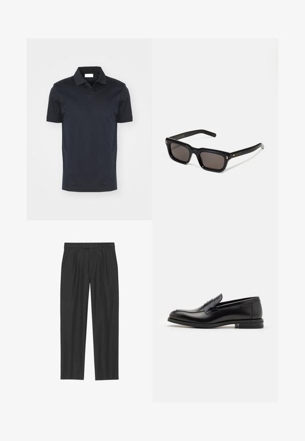 Granatowa koszulka polo z klasycznym kołnierzykiem i krótkimi rękawami, wykonana z gładkiego materiału. Posiada prosty dół i brak widocznych wzorów.; Czarne spodnie plisowane wykonane z gładkiego materiału; posiadają pas z pętlami na pasek oraz prostą nogawkę. Minimalistyczny design bez wzorów.; Czarne skórzane mokasyny o gładkiej fakturze, zaokrąglonym nosku i dekoracyjnym pasku na przodzie. Niski, warstwowy obcas, minimalistyczny design.; Czarne prostokątne okulary przeciwsłoneczne z ciemnymi soczewkami, grubą plastikową oprawą, złotymi akcentami na zausznikach oraz wygrawerowanym logo marki na ramieniu.