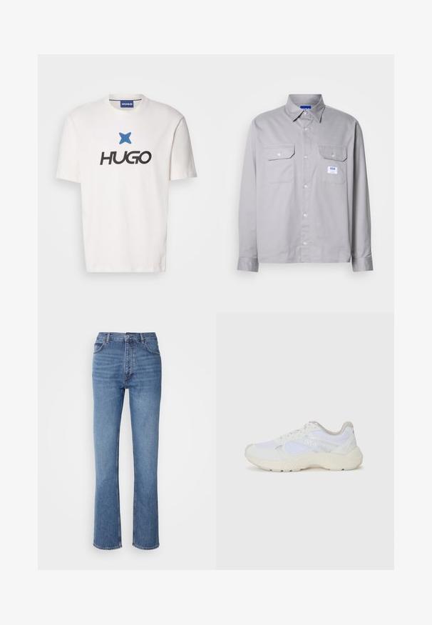 White cotton t-shirt featuring a blue star logo above the word "HUGO" in bold black lettering. Crew neckline, short sleeves.; Gray long-sleeve shirt made of cotton, featuring a button-down collar, two chest pockets, and a small branded label on the left pocket.; Blue denim jeans with a high waist, straight-leg design, and subtle fading. Features classic five-pocket styling and a zip fly closure.; White athletic shoes made of mesh and suede, featuring a textured midsole, textured accents, and "HUGO" logo on the side.