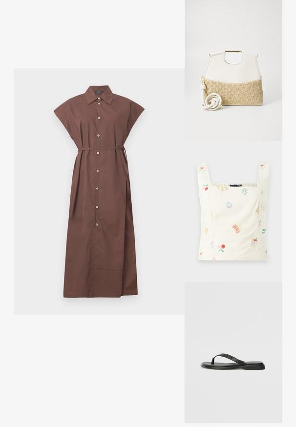 Top din bumbac brodat, cu un fundal crem și motive colorate, cum ar fi fructe, băuturi și obiecte de plajă; decolteu pătrat și margini elastice.; Rochie maro cu guler, mâneci scurte, cordon legat la talie și un design lung, fluid. Fabrică din bumbac neted.; Sandale negre din piele netedă, cu un design cu curea subțire și o talpă plată cu un profil minimalist. Fără modele sau accente notabile.; Geantă de mână din piele albă, cu un fund din țesătură crem cu textură împletită. Dispune de un mâner de culoare aurie și o curea albă spiralată pentru versatilitate.