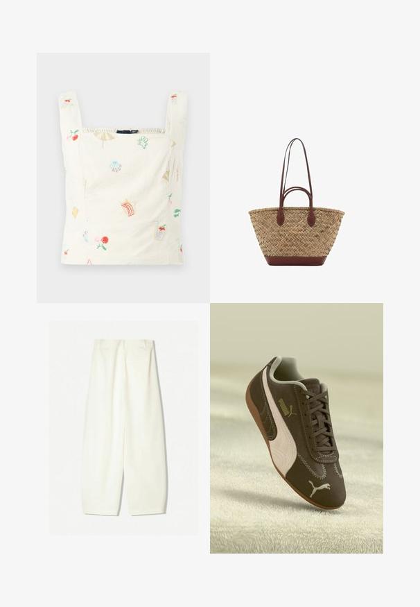 Vyšívaný bavlněný top na ramínka s krémovým pozadím a barevnými motivy jako jsou ovoce, nápoje a plážové potřeby; čtveratý výstřih a elastické okraje.; Kalhoty s širokými nohavicemi v jemné krémové tkanině, s hladkou texturou, předními kapsami a uvolněným střihem s mírně zvýšeným pasem.; Hnědé tenisky Puma s béžovým pruhem a logem, zavázané, odpočívající na strukturovaném béžovém povrchu.; Tkaná slaměná taška s pletenou texturou, tmavě hnědé kožené uchy a dnem, široký kulatý tvar a otevřený vrchní design.