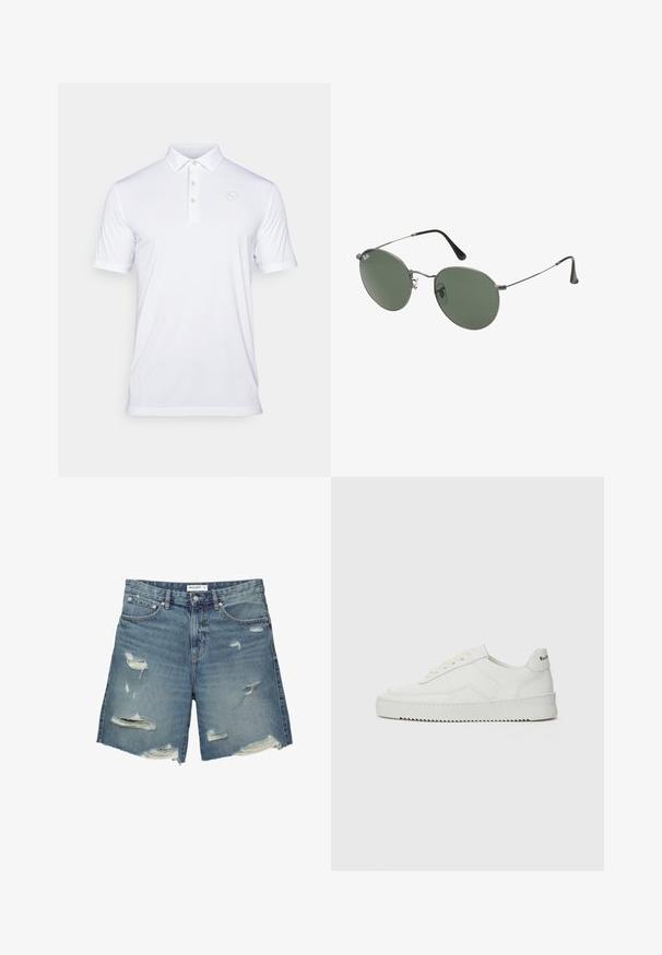 Fehér póló, sima anyagból készült. Klasszikus gallérral, három gombos cipzárral és finom logóval a bal mellrészen. Rövid ujjú.; Világoskék farmer rövidnadrág, koptatott foltokkal. Normál derékkal rendelkezik, körülbelül térdhová hosszúságú, és rojtos szegélyei vannak.; Fehér bőr sportcipő sima felülettel, kerek orral, lapos fűzőkkel és texturált talppal. Finom logó található a sarokon.; Fémkeretes napszemüveg ovális zöld lencsékkel. Vékony ezüst színű fémkeret és fekete fülrész. Minimalista dizájn, látható logók nélkül.