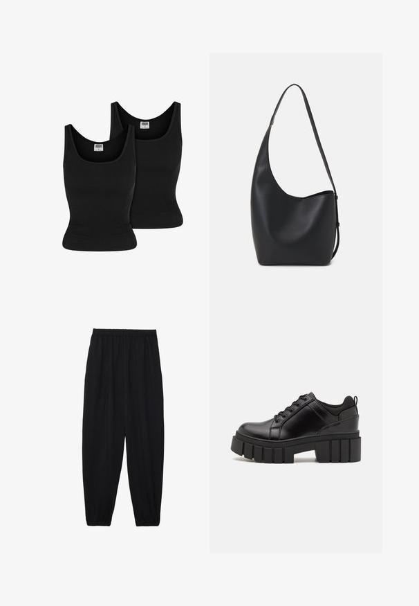 Urban Classics 2-PACK - Top - black black; Black, lightweight pants with an elastic waistband and gathered ankles. The fabric is smooth and features a relaxed, tapered design.; Black leather platform shoes with a chunky block heel, round toe, and traditional lace-up design. Features smooth texture and minimal detailing.; Black leather hobo bag with a smooth texture, curved shape, and single adjustable strap; features a wide opening at the top.
