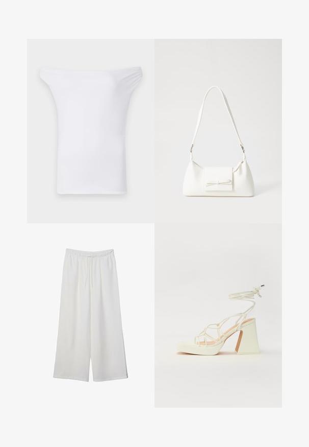 Bílé off-shoulder tričko vyrobené z hladkého, pružného materiálu. Má široký výstřih a krátké rukávy s přiléhavým střihem.; Bílé kalhoty s širokými nohavicemi vyrobené z lehké tkaniny, s elastickým pasem a stahovací šňůrkou pro nastavitelnou velikost. Hladká textura.; Bílé sandály na vysokém podpatku s robustním podpatkem, s designem s pásky a zavazováním kolem kotníku. Hladký povrch s platformou vpředu pro zvýšení výšky.; Bílá syntetická kabelka v trojúhelníkovém tvaru, s plochým předním klopným víkem a detailem mašle, nastavitelným popruhem, hladkým povrchem a minimalistickým designem.
