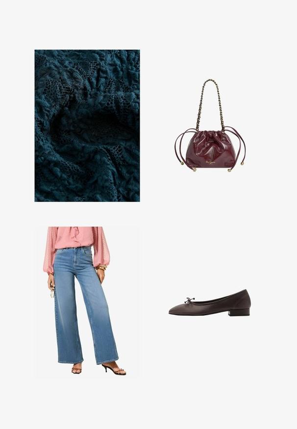 Tessuto in pizzo teal scuro con motivi intricati e una superficie morbida e testurizzata, che mostra diversi gradi di trasparenza e ricami dettagliati.; Camicia a righe blu con bottoni, abbinata a jeans neri a zampa e una borsa nera. Tessuto morbido e maniche ampie, vestibilità casual.; Jeans a vita alta azzurri, larghi, con una finitura in denim classica. Abbinati a una blusa rosa con volant e sandali neri con tacco.; Ballerina in pelle marrone con punta arrotondata e tacco a blocco piccolo. Presenta un sottile fiocco sul davanti e dettagli di cucitura discreti.; Borsa in pelle bordeaux con cordino, manico a catena, cima arricciata, accenti metallici e dettaglio del logo alla base. Texture liscia e lucida.