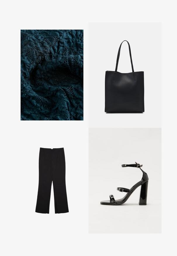 Dunkelblaugrüner Spitzenstoff mit komplizierten Mustern und einer weichen, strukturierten Oberfläche, die unterschiedliche Grade der Transparenz und feine Stickereien zeigt.; Schwarze Hose mit geradem Schnitt, ausgestattet mit Fronttaschen und Seitenschlitzen am Saum. Hergestellt aus weichem, glattem Stoff. Geeignet für verschiedene Anlässe.; Schwarze patentierte Sandalen mit Absatz, quadratischer Spitze, Knöchelriemen und silbernen Schnallen. Mit einem stabilen Blockabsatz für mehr Stabilität.; Schwarze Laptoptasche aus Leder mit glatter Textur, rechteckiger Form und zwei langen Griffen. Keine sichtbaren Beschläge oder Verzierungen.