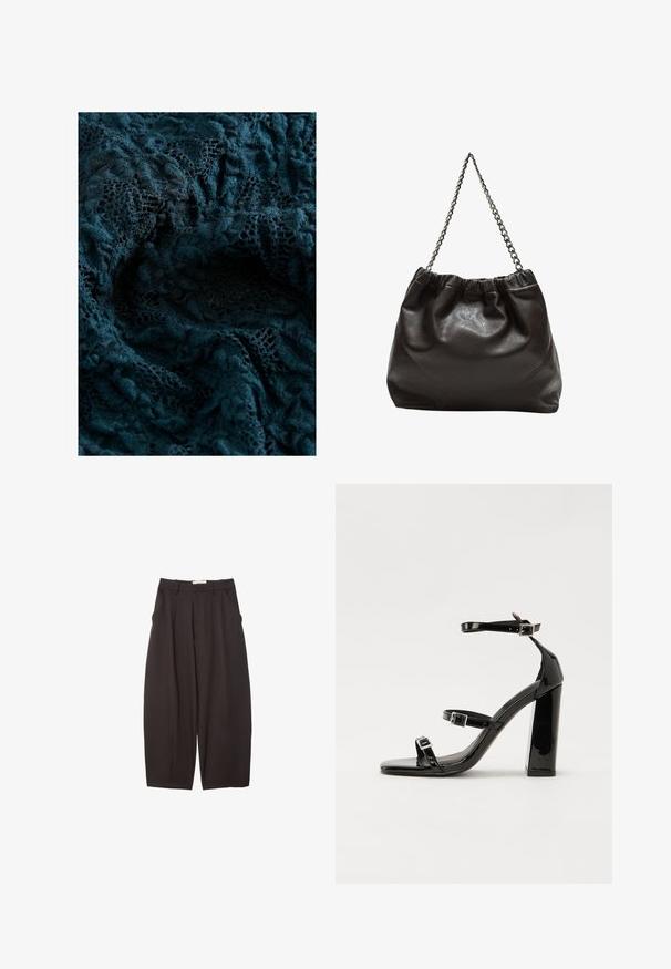 Temno tirkizna čipkasta tkanina z zapletenimi vzorci in mehkobno, teksturirano površino, ki prikazuje različne stopnje prosojnosti in podrobno vezenje.; Črne široke hlače iz gladkega materiala, z visokim pasom, zgornjimi pregibi in stranskimi žepi. Preprost dizajn brez okrasnih elementov.; Črne lakirane sandale s peto, kvadratnim prstom, trakovi okrog gležnja in srebrnimi zaponkami. Opremljene so s stabilno Debelo peto.; Rjava usnjena torba z nabranim vrhom in verižnim trakom. Gladka tekstura z sijajno površino in subtilnimi šivi na straneh.