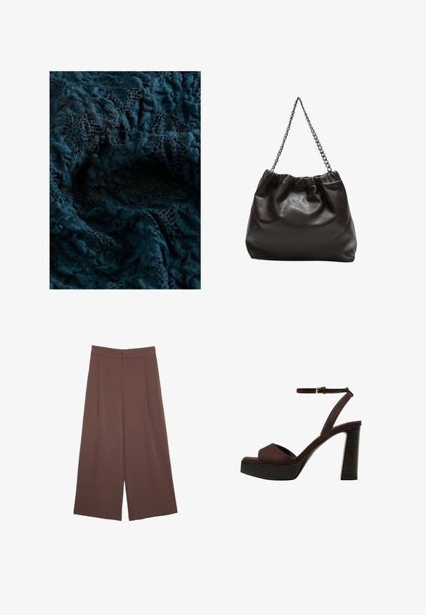 Dunkelblaugrüner Spitzenstoff mit komplizierten Mustern und einer weichen, strukturierten Oberfläche, die unterschiedliche Grade der Transparenz und feine Stickereien zeigt.; Braune Weite-Leg-Hosen mit einer glatten Textur, hoher Taille und Vorderfalten. Der Stoff ist leicht und fällt locker.; Braune Wildleder-Pumps mit offenem Zeh, verstellbarem Knöchelriemen und gestreiftem Plateausohlen.; Braune Lederhandtasche mit gerafftem Oberteil und Kettenriemen. Glatte Textur mit glänzendem Finish und subtilen Nahtdetails an den Seiten.