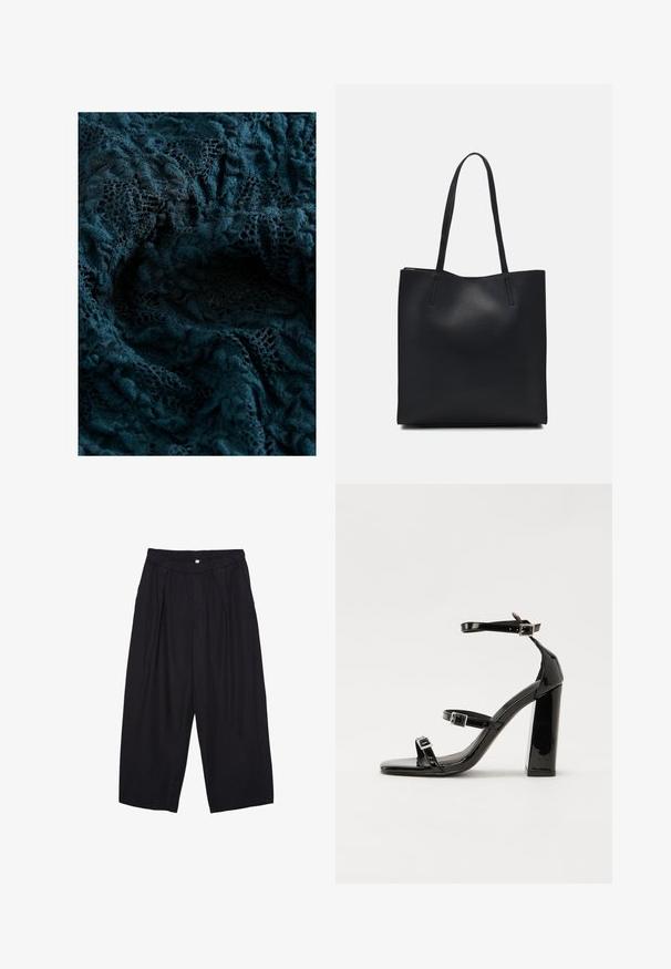 Dark teal lace fabric with intricate patterns and a soft, textured surface, showcasing varying degrees of transparency and detailed embroidery.; Black polyester culotte pants with an elastic waistband, two front pleats, and a loose silhouette. No visible patterns or hardware details.; Black patent heeled sandals with a square toe, ankle straps, and silver buckles. Features a chunky block heel for stability.; Black leather tote bag with smooth texture, rectangular shape, and two long handles. No visible hardware or embellishments.