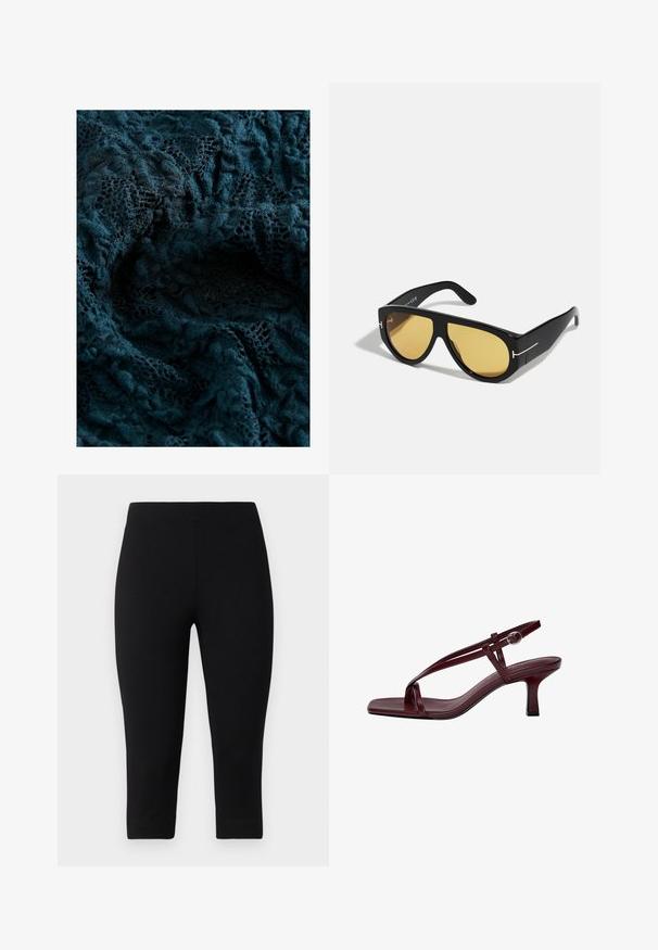 Dunkelblaugrüner Spitzenstoff mit komplizierten Mustern und einer weichen, strukturierten Oberfläche, die unterschiedliche Grade der Transparenz und feine Stickereien zeigt.; Schwarze Capri-Leggings aus dehnbarem Material, die eng anliegen und eine glatte Textur aufweisen, ohne auffällige Muster oder Akzente.; Burgunderfarbene High-Heel-Sandalen mit quadratischer Zehenform, schmalen Riemen und einem Knöchelverschluss. Glatte Lederstruktur und ein schlanker, Blockabsatz.; Schwarze Sonnenbrille mit geometrischem Rahmen, gelben Gläsern und goldenen Akzenten an den Bügeln. Glatte Oberfläche, breiter Schnitt, zeitgemäßes Design.