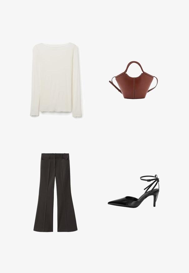 Leichtes Langarmoberteil aus weißen Stoff. Es hat einen weiten Ausschnitt und eine weiche Textur mit einem leicht lockeren Schnitt und einem rohen Saum.; Schwarze, weit geschnittene Hosen mit hoher Taille; verfügt über zwei Fronttaschen und eine glatte Stoffoberfläche. Geeignet für verschiedene Anlässe.; Schwarzer spitzer High Heel mit einem ausgeschnittenen Design und verstellbarem Knöchelriemen. Der Schuh hat eine glatte, glänzende Oberfläche und einen schlanken Absatz.; Braune Ledertasche mit konischer Form, robusten Trägern und kontrastierenden weißen Nähten. Verfügt über einen abnehmbaren Schultergurt für Vielseitigkeit.