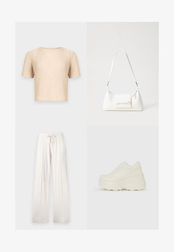 Maglia a maniche corte beige con scollo tondo, tessuto strutturato e orlo grezzo. Design semplice, adatta per essere indossata da sola o come strato aggiuntivo.; Pantaloni della tuta beige chiaro realizzati in tessuto morbido, con vita regolabile, gambe larghe e cuciture verticali, dal fondo liscio.; Sneakers bianchi con piattaforma, caratterizzati da una parte superiore simile alla pelle liscia, forma arrotondata, collo imbottito e suola in gomma testurizzata con scanalature ben definite.; Borsa sintetica bianca a forma triangolare, con patta anteriore piatta e dettaglio a fiocco, tracolla regolabile, texture liscia e design minimalista.