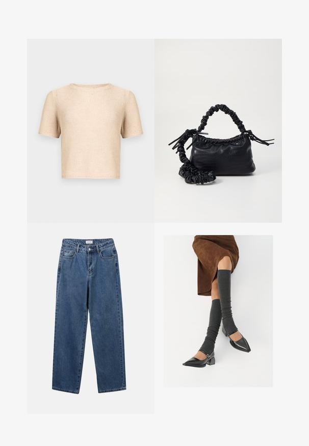 Kurzärmliges, beiges Stricktop mit rundem Ausschnitt, strukturierter Stoff und rohen Saum. Einfaches Design, geeignet zum Überziehen oder als Einzelstück.; Klassische blaue Denim-Jeans mit geradem Bein, fünf Taschen und Knopfverschluss. Sie verfügen über eine mittelblau gewaschene Optik und sind aus robuster Textur.; Schwarze lacklederne spitze Schuhe mit Blockabsatz und Knöchelriemen, kombiniert mit grauen gerippten Beinstulpen und einem braunen Wildlederrock.; Schwarze Handtasche aus Kunstleder mit Krokodilstruktur, gerafftem oberen Teil und einem geschoppten Tragegurt. Sie wirkt weich und kompakt im Design.