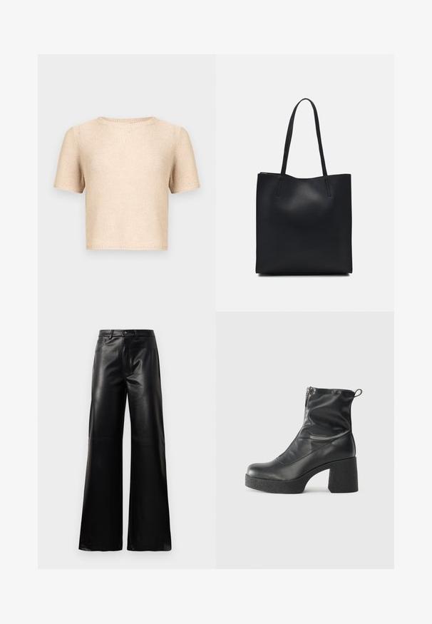 Maglia a maniche corte beige con scollo tondo, tessuto strutturato e orlo grezzo. Design semplice, adatta per essere indossata da sola o come strato aggiuntivo.; Pantaloni ampi a vita alta in ecopelle neri con bottone frontale, chiusura con zip, passanti per cintura e tasche laterali su sfondo bianco.; Stivali neri alla caviglia in pelle liscia, con zip laterale, tacco spesso e texture, e punta arrotondata.; Borsa tote in pelle nera con texture liscia, forma rettangolare e due manici lunghi. Nessun hardware o decorazione visibile.