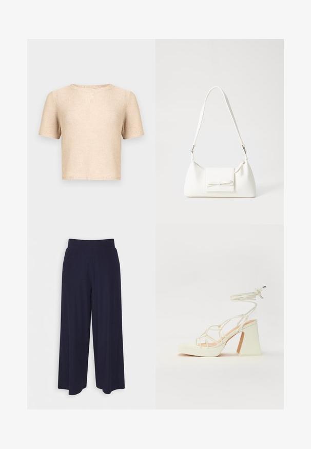 Top de malha bege com mangas curtas, decote redondo, tecido texturizado e bainha crua. Design simples, adequado para sobreposição ou uso individual.; Calças largas em tecido azul-marinho escuro com uma textura ribada. Apresenta uma cintura suave e uma silhueta fluida, atingindo o comprimento até metade da panturrilha.; Sandálias brancas de salto alto com um salto robusto, apresentando um design com tiras e amarração no tornozelo. Textura suave com uma plataforma na frente para altura adicional.; Mala sintética branca com formato triangular, aba frontal plana e detalhe de laço, alça ajustável, textura suave e design minimalista.