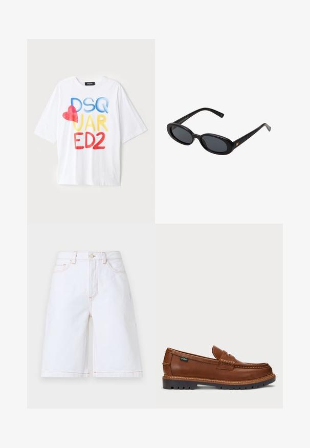 Tricou alb cu mânecă scurtă, cu text colorat: "DSQ JAR ED2" în albastru, galben și roșu, având un accent de inimă roșie. Fabricat din bumbac.; Pantaloni scurți din denim alb, cu croială dreaptă, cinci buzunare și cusături contrastante bej. Include un nasture frontal și închidere cu fermoar.; Mocasini din piele maro, cu cusături decorative și vârful texturat. Talpa prezintă un design robust, oferind aderență și durabilitate.; Ochelari de soare supradimensionați, cu lentile ovale, cadru din plastic neted și accente aurii pe brațe. Lentilele întunecate oferă protecție solară.