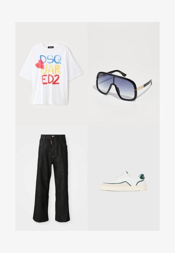 Witte t-shirt met korte mouwen met kleurrijke tekst: "DSQ JAR ED2" in blauw, geel en rood, met een rode hartaccent. Katoenen stof.; Zwarte rechte jeans met gele stiksels, vijf zakken, knoopsluiting en een klein rood etiket op de rechter voorzak.; Witte lage sneakers met groene accenten, beige suede details en een crème-kleurige zool met een geribbelde onderkant.; Overmatige zwarte zonnebril met een vervagende paarse lens, glanzende afwerking en gouden accenten op het oortje. Rechthoekig frame.