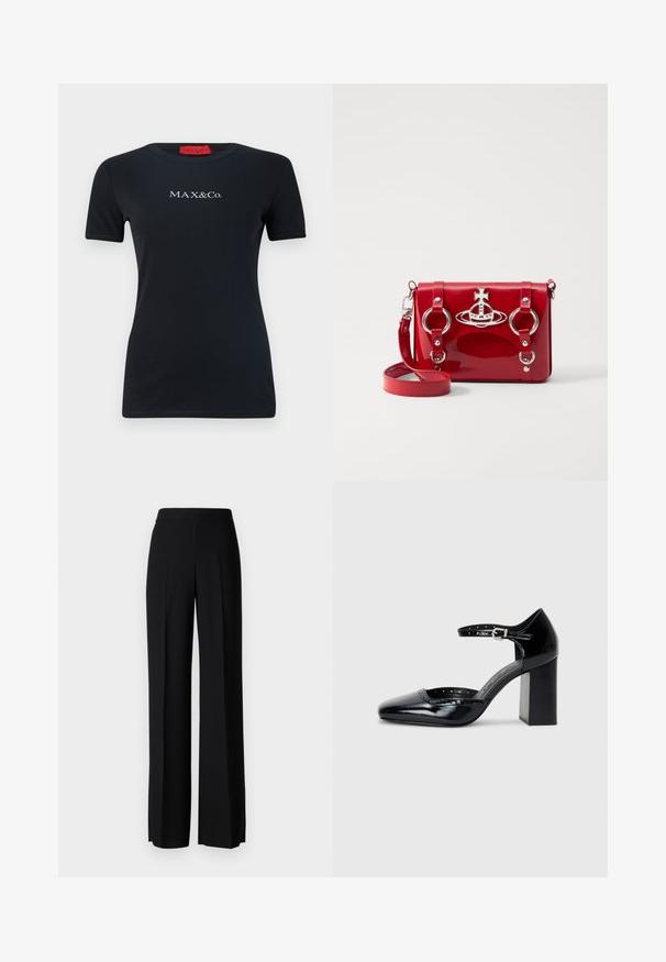 Camiseta negra de manga corta hecha de algodón, con escote redondo y el logo "MAX&Co." en blanco. Textura suave, diseño ajustado.; Pantalones de pierna ancha negros con una textura suave, que presentan una cintura alta y pliegues centrales. Sin patrones visibles ni detalles de hardware.; Zapatos de charol negro de tacón alto con punta cuadrada, correa en el tobillo y tacón grueso. Incluye detalles perforados a lo largo del borde.; Bolso cruzado de charol rojo con herrajes plateados, que presenta un emblema central, anillos circulares y una correa ajustable.