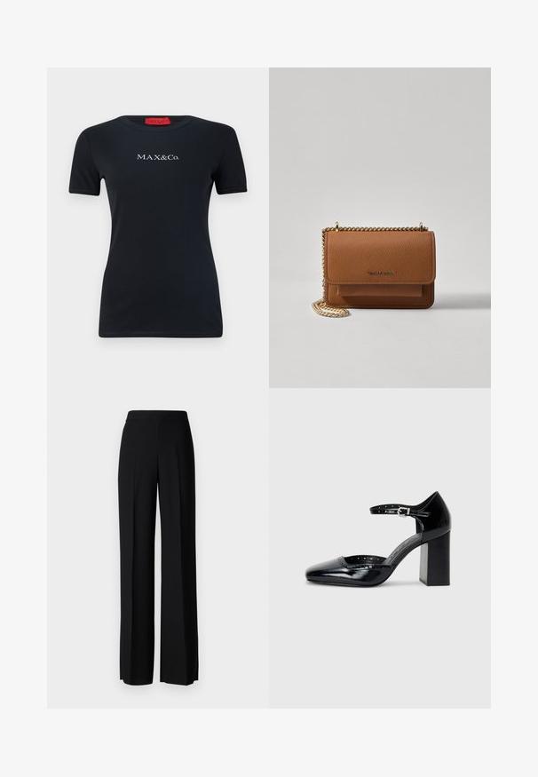 Must musträtik, lühikeste varrukatega, valmistatud puuvillast, ümmarguse kaelusega ja valge "MAX&Co." logoga. Sile tekstuur, kitsas lõige.; Mustad laiad püksid mustas värvitoonis, sujuva tekstuuri ja kõrge vöökoha ning keskmiste voldikutega. Ilma nähtavate mustrite või tarvikute detailideta.; Mustad lakknahk kingad kõrge kontsaga, ruudukujulise varbaga, pahkluu rihmaga ja paksu kontsaga. Sisaldab perforatsioonidega detaile ääres.; Pruun tekstureeritud nahk ristkeha kott kuldse ahelaga rihmaga ja klapiga sulgemine. Esiküljel on logo detail ja tasku klapi all.