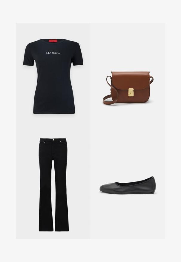 Čierne tričko s krátkym rukávom vyrobené z bavlny, s okrúhlym výstrihom a bielym logom "MAX&Co.". Hladká textúra, úzky strih.; Čierne rozšírené džínsy vyrobené z denimu, s dvoma prednými vreckami, zapínaním na gombík a hladkým povrchom. Viditeľné podpisové šitie na švoch.; Čierne kožené baleríny s okrúhlou špičkou, hladkým povrchom, minimálnym prešívaním a flexibilným dizajnom podrážky.; Hnedá kožená kabelka s klopou, zlatými kovovými prvkami, ramenným popruhom a hladkým povrchom. Kompaktný obdĺžnikový tvar.