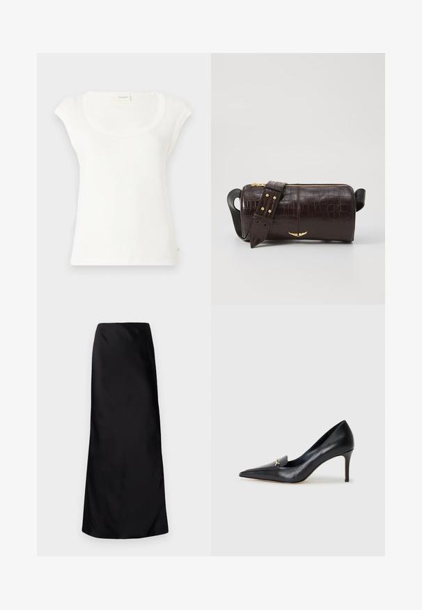 Valge lühikeste varrukatega T-särk, mis on valmistatud pehmest puuvillast. Omab ümara kaelusega disaini ja lõtvust. Sildid on kinnitatud seljaosale.; Norma Kamali BIAS OBIE SKIRT - Maksiseelik - black; Mustmust musta kinga terava nina, madala lõikega vamp ja dekoratiivne kuldne aksessuaar. Omab stilettokandikut ja sileda tekstuuri.; Pruunist krokodillimustrist nahast kott, millel on silindri kuju, kuldse tooni metalldetailid ja eemaldatav rihm, kus on nupud.