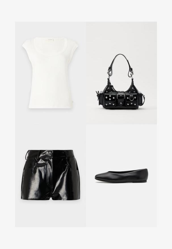 Witte T-shirt met korte mouwen, gemaakt van zachte katoen. Heeft een ronde halslijn en een relaxte pasvorm. Labels bevestigd aan de achterkant.; Zwarte, glanzende shorts van synthetisch materiaal. Heeft een aansluitende taille, riemlussen en voorzakken met opvallende stikseldetails.; Paul Smith TOPANGA - Ballerina's - black; Zwarte lederen handtas met een gebogen ontwerp, voorzien van zilveren studs, een gesp en twee zijvakken. Verstelbare schouderband voor verschillende draagmogelijkheden.