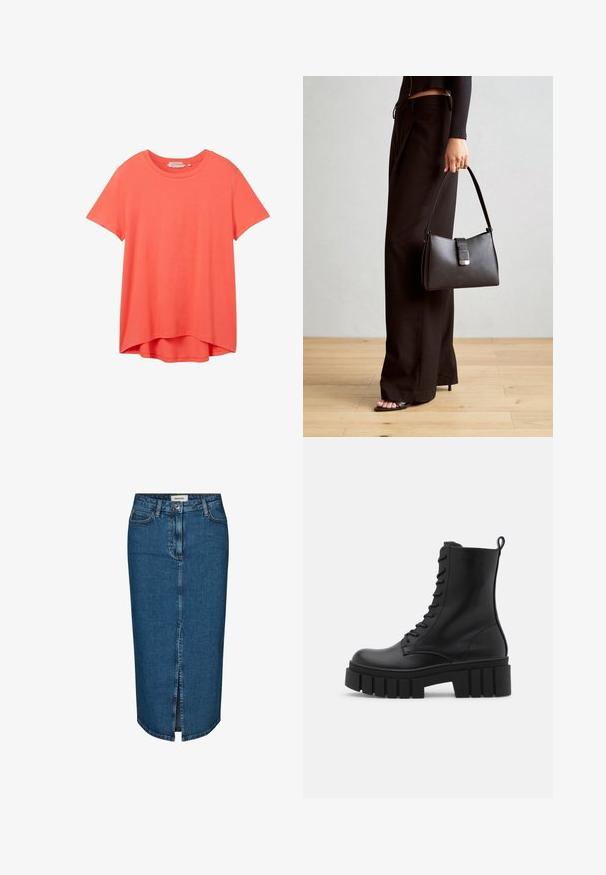 TOM TAILOR DENIM - T-shirt basic; Jeansowa spódnica ołówkowa w ciemnoniebieskim kolorze, z rozcięciem z przodu, pięcioma kieszeniami i kontrastowym przeszyciem. Średni stan z klasycznym krojem.; Czarne skórzane botki za kostkę z masywną, żłobioną podeszwą, sznurówką z przodu i pętelką do zakładania na gładkim białym tle.; Czarna torebka o usztywnionym kształcie, gładkiej fakturze i metalowym zapięciem. Połączona z szerokimi czarnymi spodniami i sandałami na otwartym palcu na drewnianej podłodze.; Złote kolczyki w kształcie kółek o gładkim, błyszczącym wykończeniu. Okrągły design z małym klipsem i przezroczystym zapięciem zapewniającym bezpieczne noszenie.
