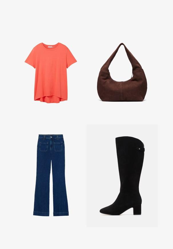 TOM TAILOR DENIM Jednoduché tričko - plain red; Džínové zvonové kalhoty v tmavě modré barvě s hladkou strukturou, pěti kapsami a zapínáním na knoflík v pase.; Černé semišové vysoké kozačky s špičatou špičkou a blokovým podpatkem. Mají hladkou strukturu a jednoduchý design, s bočním páskem jako akcentem.; Hnědá semišová hobo taška s zakřiveným, širokým uchem a velkým otvorem. Měkká textura se viditelným prošíváním podél okrajů.