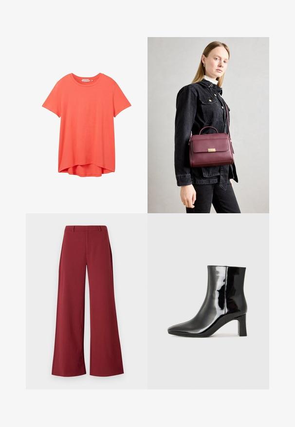 TOM TAILOR DENIM T-shirts basic - plain red; Bredde bukser i en dyb burgunderfarve. Lavet af et glat, strækbart stof med skræddersyede sømme og lynlås foran.; Sort lakeret ankelstøvle med spids tå og en midt-højde blokhæl. Glat tekstur og minimalistisk design.; Bordeaux læderhåndtaske med guldlås, struktureret form, topbære-håndtag og justerbar skulderrem. Modellen bærer en denimjakke.