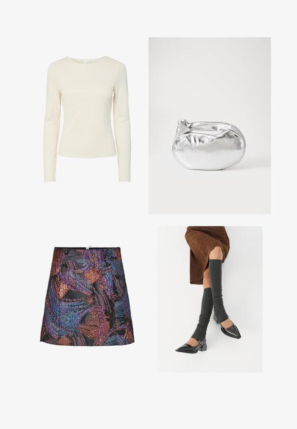 Cămașă pentru femei, crem, cu mâneci lungi, ajustată, cu un decolteu rotund și textură netedă, expusă pe un fundal alb.; Fustă mini metalică cu un model texturat în nuanțe vibrante de mov și bronz, având o bază neagră și butoane decorative pe talie.; Pantofi negri din piele lacuită, cu vârful ascuțit, toc bloc și curea la glezna, asortați cu jambiere gri cu nervuri și o fustă din suede maro.; Pouch bag metalizat argintiu, cu o formă moale și rotunjită și un închidere de tip nod la partea de sus. Fabricat dintr-un material sintetic din piele netedă.