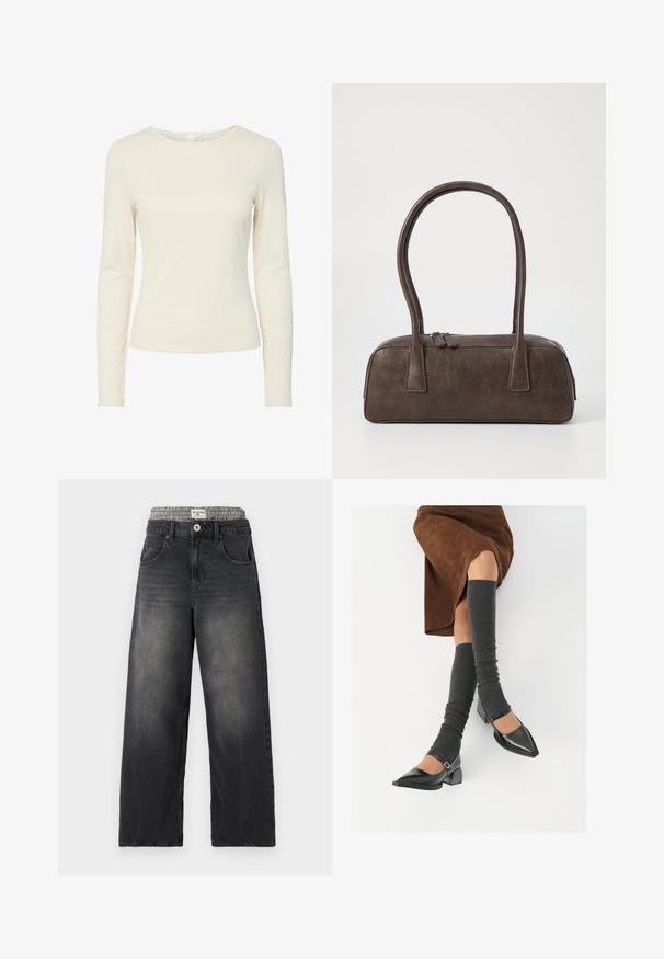 Krémová dámská halenka s dlouhými rukávy, přiléhavého střihu, kulatým výstřihem a hladkou texturou, vystavená na bílém pozadí.; Černé džíny s širokými nohavicemi a pasem s kostkovaným vzorem. Obsahují přední kapsy a zapínání na knoflík. Ošuntělá textura.; Černé lakované boty s špičatou špičkou, blokovým podpatkem a kotníkovým páskem, spárované s šedými žebrovanými návleky na nohy a hnědskou sukní z semiše.; Hnědá kožená kabelka s dvěma pevnými uchy, obdélníkový tvar, hladká textura a zipové zavírání. Minimalistický design bez viditelných vzorů.